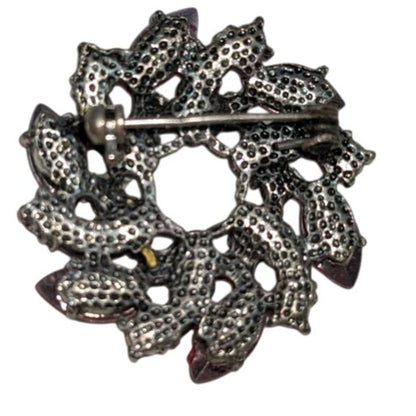 Vintage Pink Rhinestone Wreath Brooch 3.5cm Silver Metal Sandblasted Glass Pin