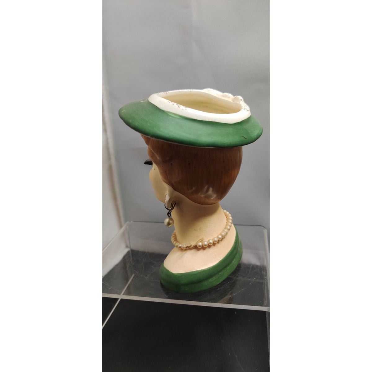 Vintage 1950s Redhead Lady Head Vase Planter Green Hat Collectible Kitsch