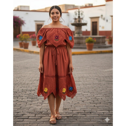 Red Mexican Pueblo Off Shoulder Embroidered Dress Medium Flower Elastic Waist