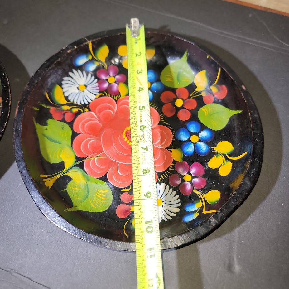 Pair Vintage Mexican Batea wooden bowls Hand painted floral bird folk art black