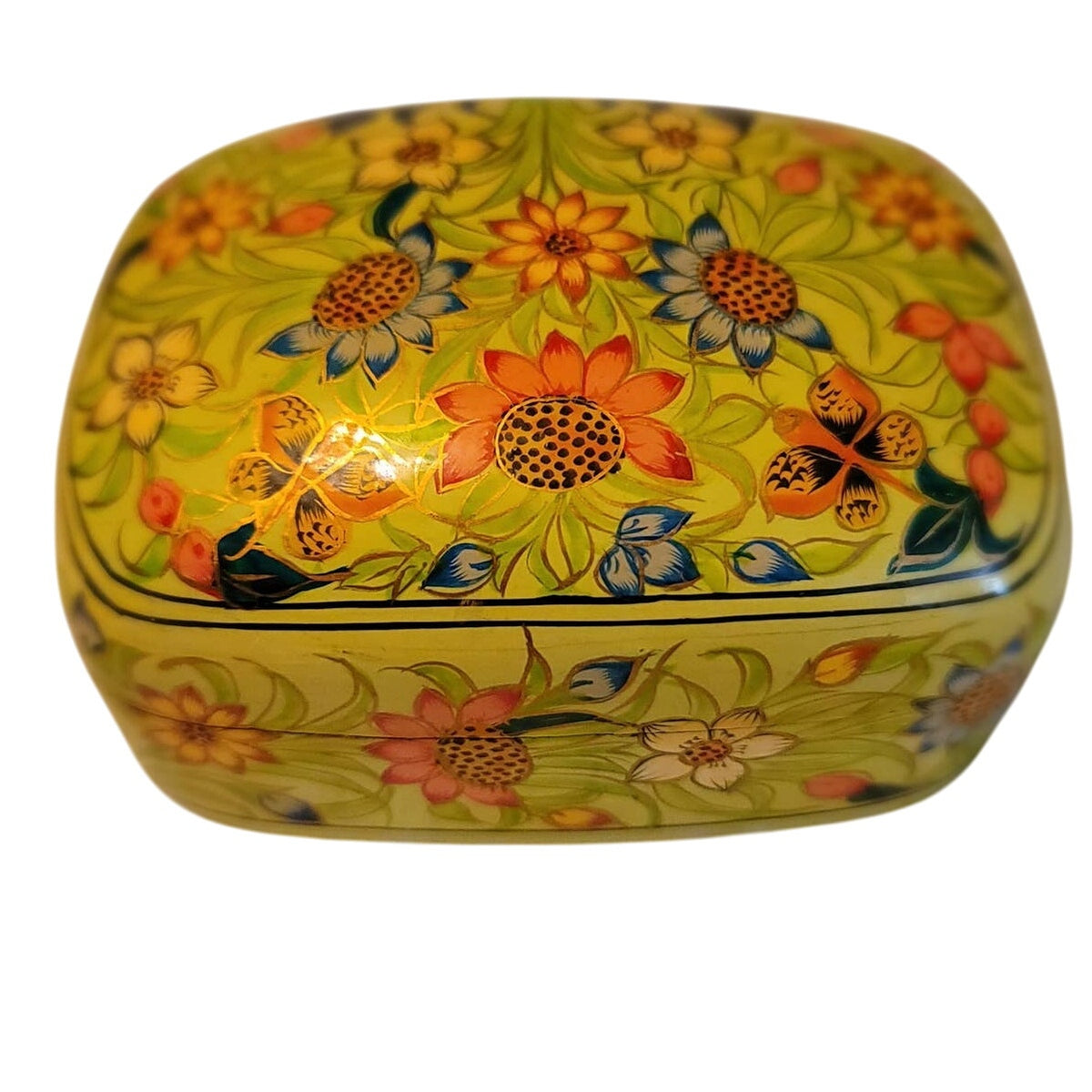 Vintage Kashmiri Yellow Floral Lacquer Trinket Lidded Box