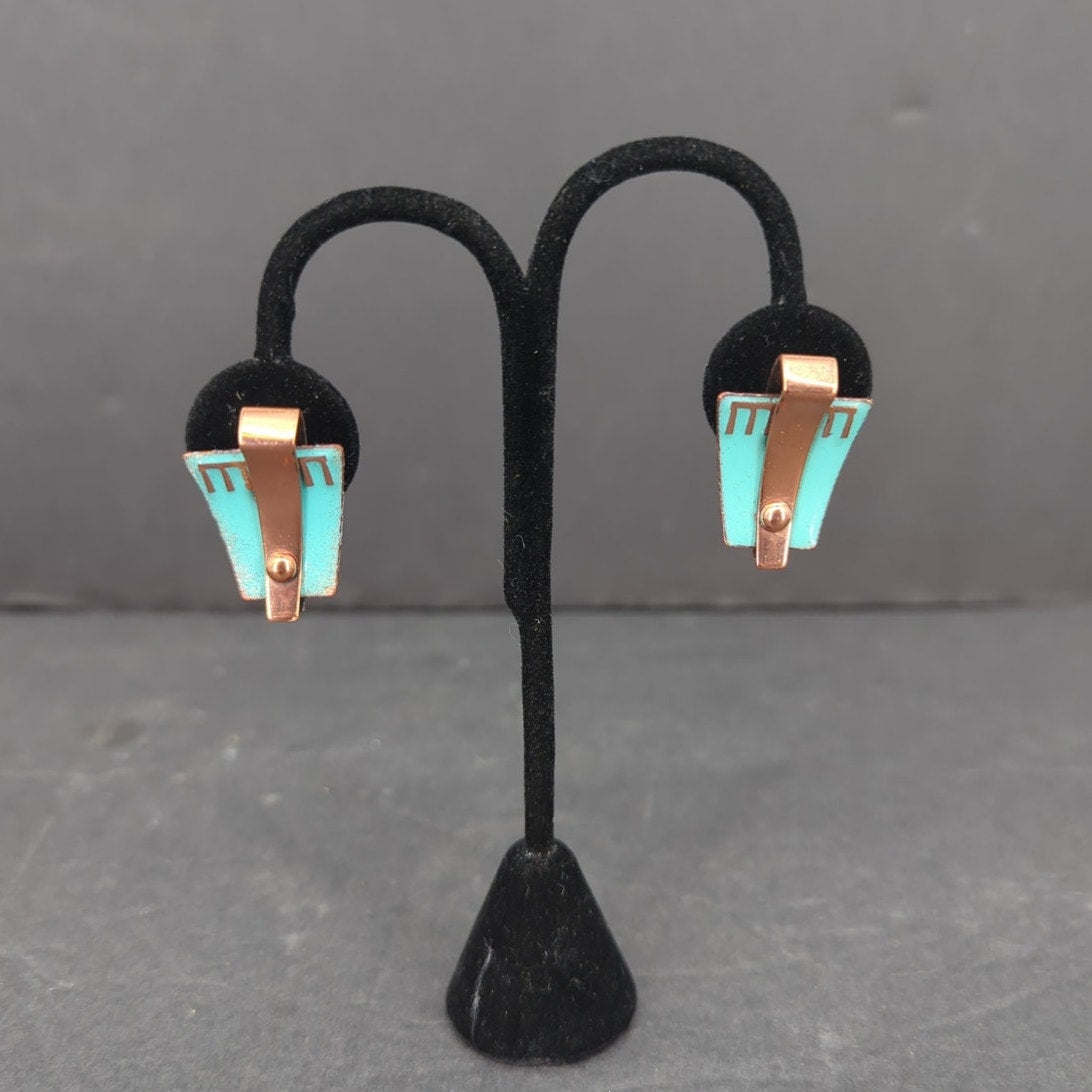 Vintage Matisse Renoir Light Blue Copper Enamel Clip On Earrings Mid Century
