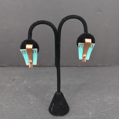 Vintage Matisse Renoir Light Blue Copper Enamel Clip On Earrings Mid Century