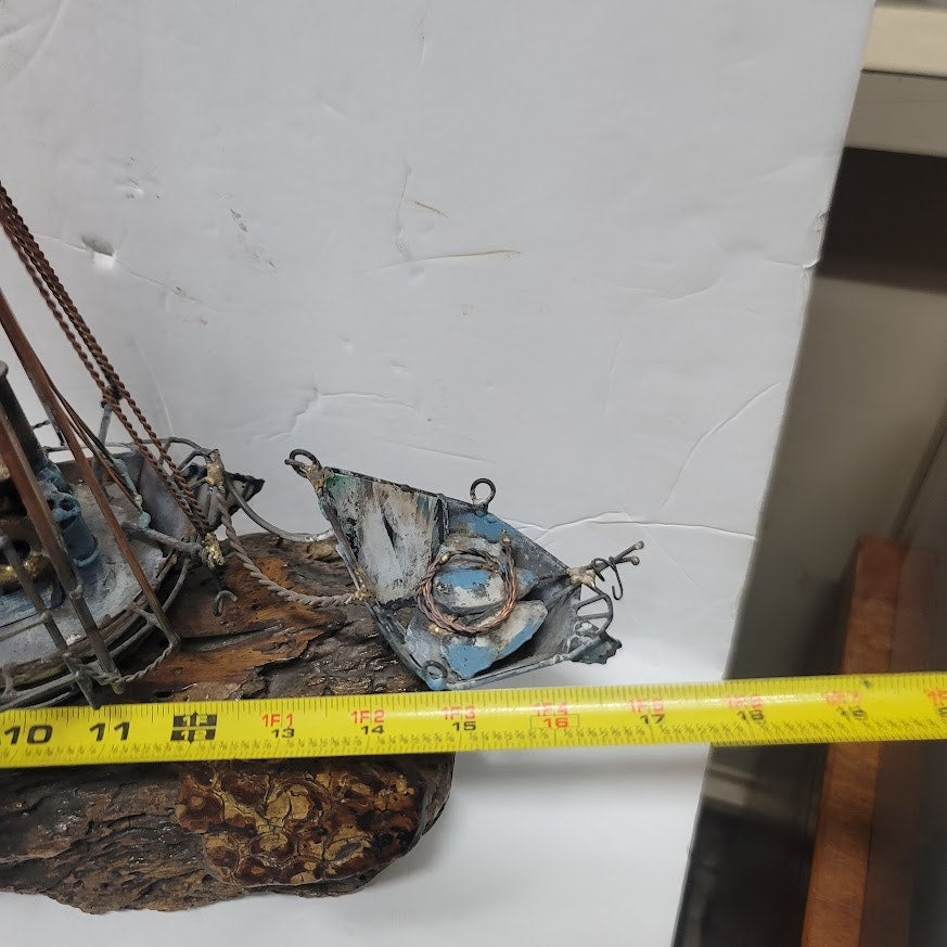 Large VINTAGE Copper bronzed ship brig dingy mounted on varnished 15" x 17" wood