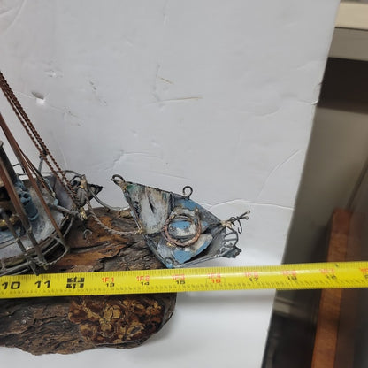 Large VINTAGE Copper bronzed ship brig dingy mounted on varnished 15" x 17" wood