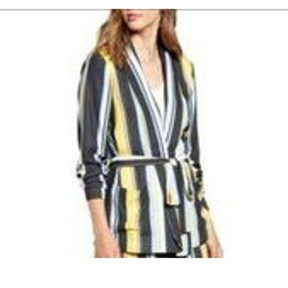 Halogen NWT Black Lucinda Stripe Soft Tie Waist Blazer Jacket Open Front Small