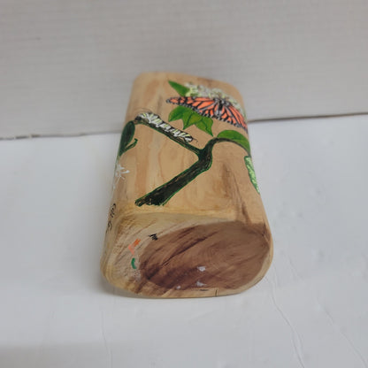 Handmade wood pillar tea light candle holder painted Caterpiller & Butterfly '13