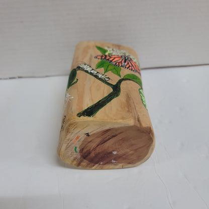 Handmade wood pillar tea light candle holder painted Caterpiller & Butterfly '13