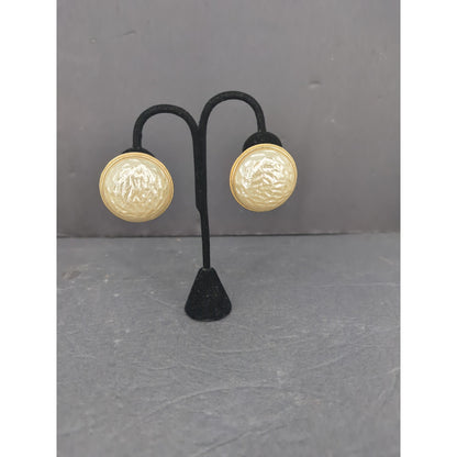 Vintage Monet Pearlized Gold Tone Textured Button Clip On Earrings Retro