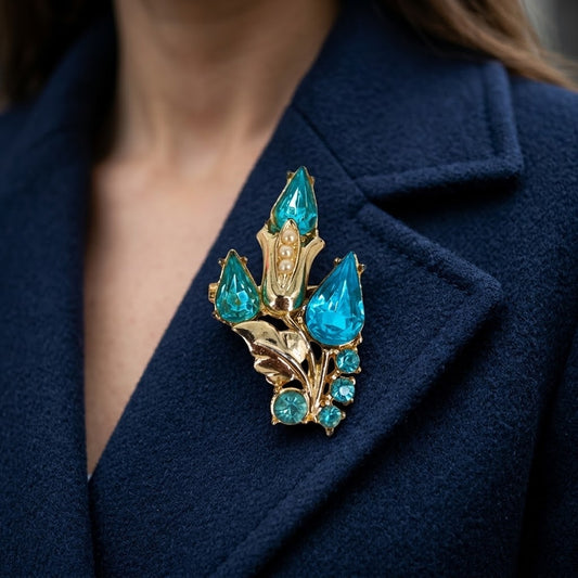 Vintage Gold Tone Aqua Rhinestone & Pearl Floral Spray Brooch Pin wedding lapel