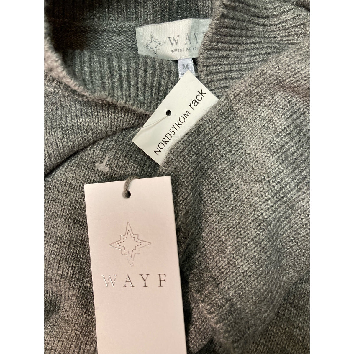 WayF Lola Puff Sleeve Knit Dress Medium Dark Grey NEW Mock Neck Sweater Dress