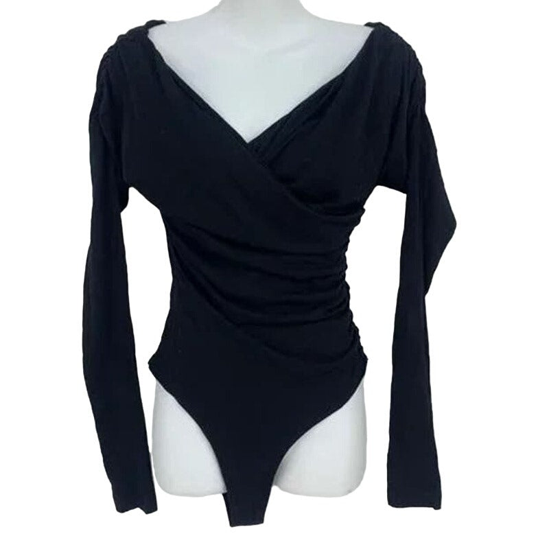 Abound Double V-Neck Surplice Wrap Pull On Bodysuit Size Large in Black NWT