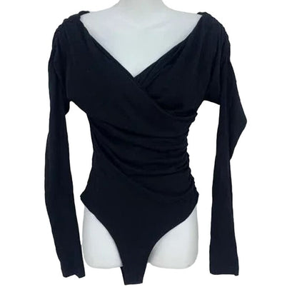 Abound Double V-Neck Surplice Wrap Pull On Bodysuit Size Large in Black NWT