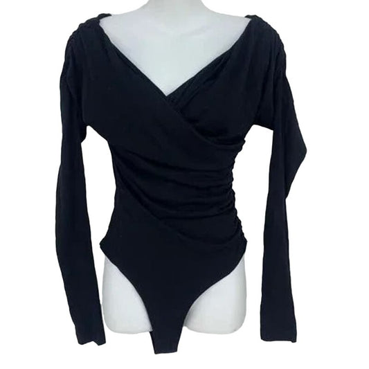Abound Double V-Neck Surplice Wrap Pull On Bodysuit Size Large in Black NWT