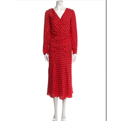 Rebecca Taylor Silk Red Midi Dress Long Sleeve VNeck Modesty Size Medium NEW