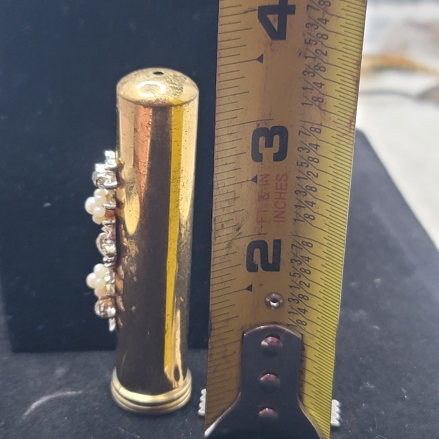 Vintage Rhinestone Faux Pearl Gold Tone Retractable Travel Toothbrush Case