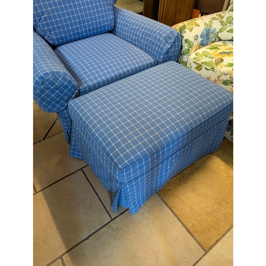 SECONDHAND SANDIES: Overstuffed skirted Armchair and Matching Ottoman Blue white Plaid