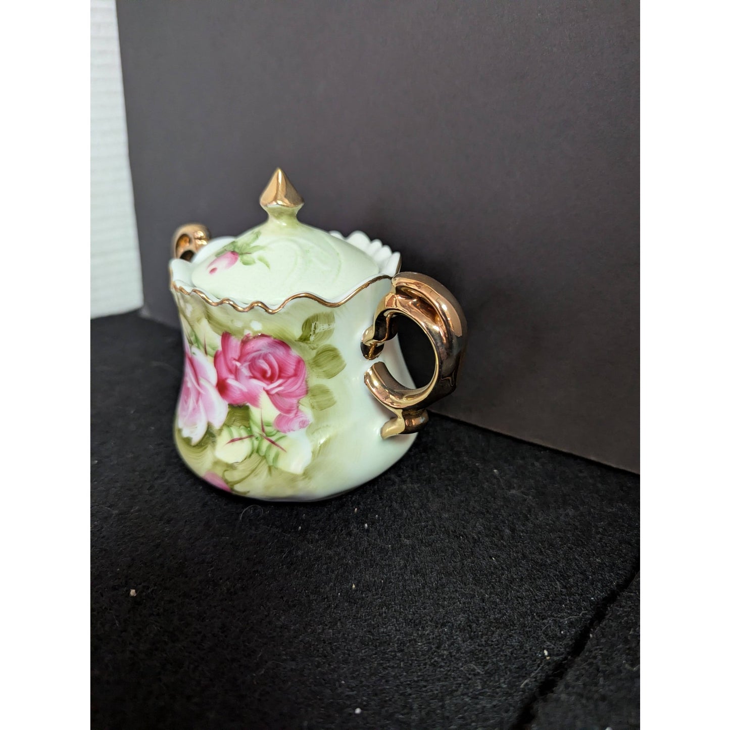 Vintage Lefton Green Rose Lidded Sugar Bowl Porcelain Gold Gilt 3066