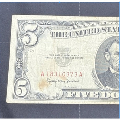 Paper Currency Bank Note USA Paper Money $5 Series 1963 Last of the RED SEALS