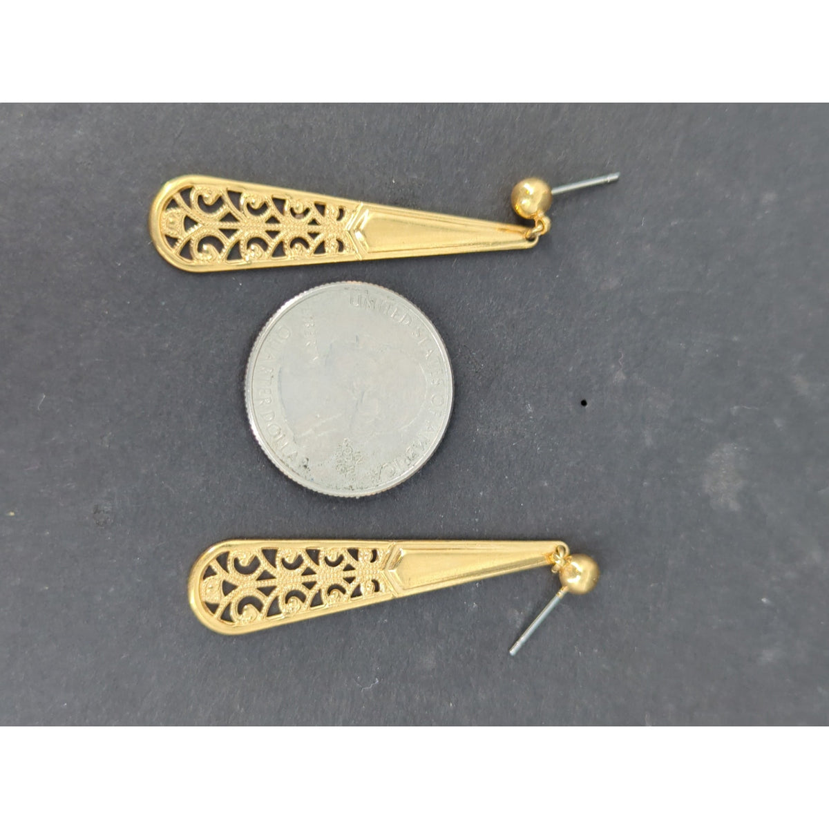 Vintage Gold Tone Filigree Teardrop Long Dangle Drop Post Earrings