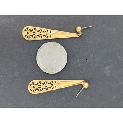 Vintage Gold Tone Filigree Teardrop Long Dangle Drop Post Earrings