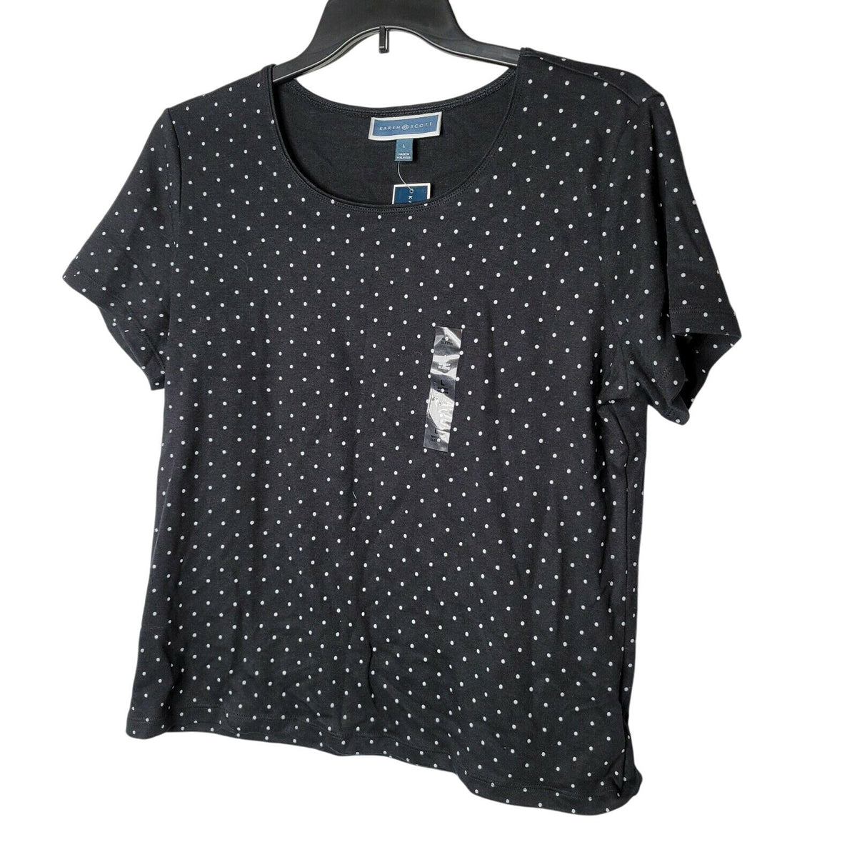 Karen Scott Short Sleeved Blouse Top Round Neck Polka Dot Deep Black Size L