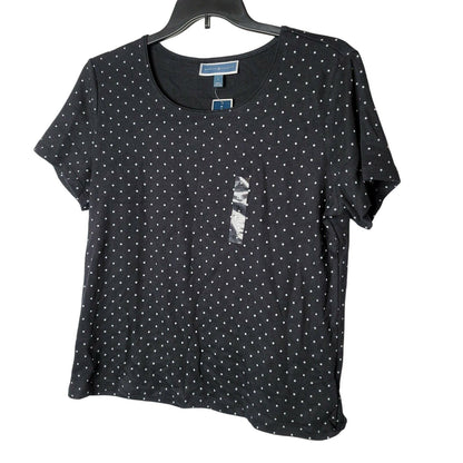 Karen Scott Short Sleeved Blouse Top Round Neck Polka Dot Deep Black Size L