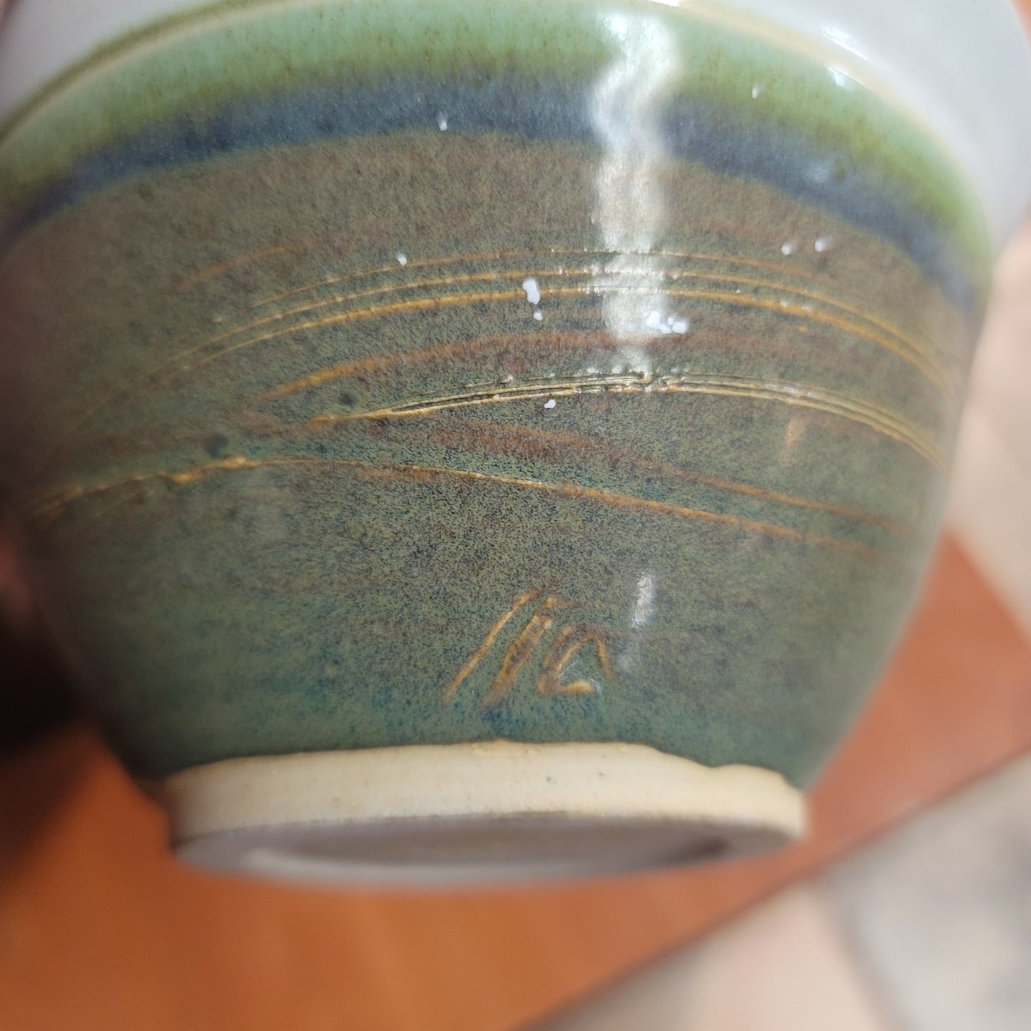Lot of 2 handmade art pottery studio tea bowls Earthtones Green white sand Clay
