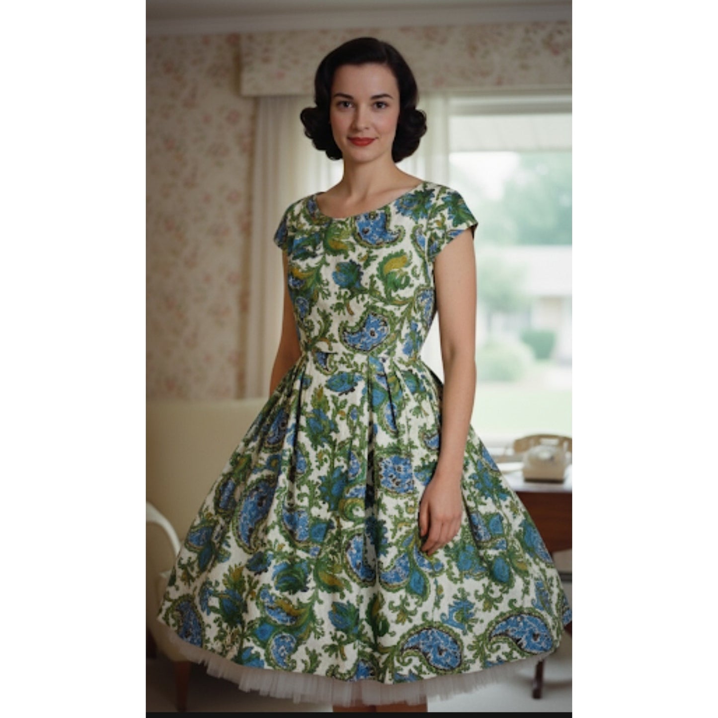 Vintage  Sindorff 1950s Wiggle dress cotton Blue yellow floral pleated Small Cap