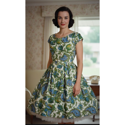 Vintage  Sindorff 1950s Wiggle dress cotton Blue yellow floral pleated Small Cap