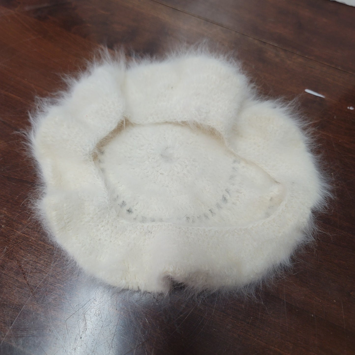 VINTAGE Angora beret fluffy cream hat floral detail on top luxurious one Size