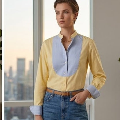 Lauren Ralph Lauren Yellow Tuxedo Shirt Striped Blue Bib NWT Cotton Blouse