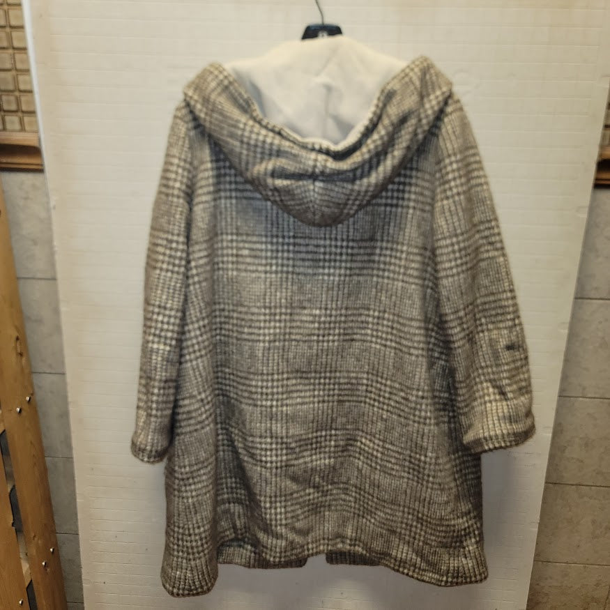 Brown Cream Vintage Plaid reversible duffle Hooded Toggle Coat Medium/Large Wool