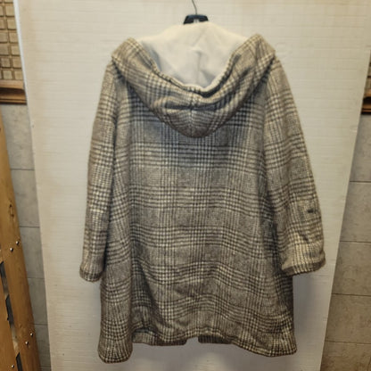 Brown Cream Vintage Plaid reversible duffle Hooded Toggle Coat Medium/Large Wool
