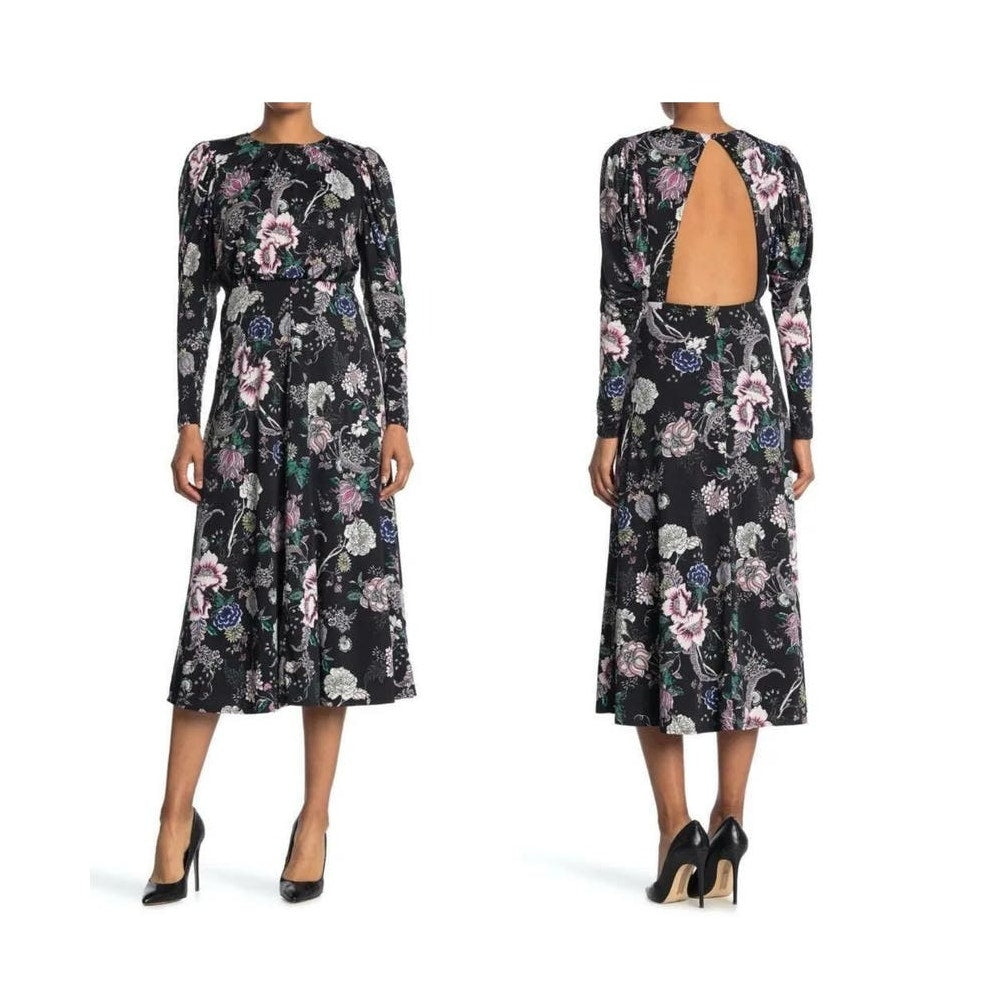 NEW AFRM Black NOIR ROSE Shirred Shoulders DELILAH Floral MIDI Tea DRESS XS