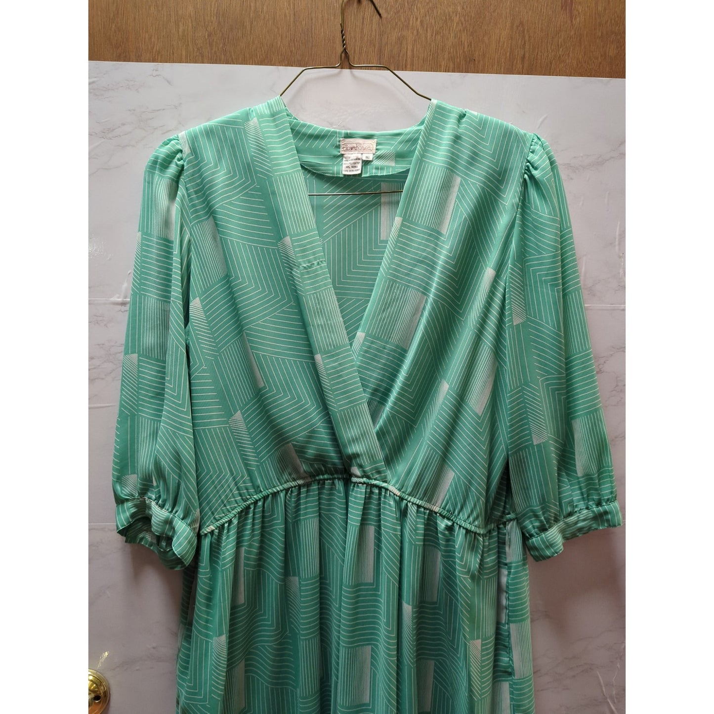 Vintage Townhouse Mint Green V-Neck Day Dress Geometric Print 16 80s Secretary