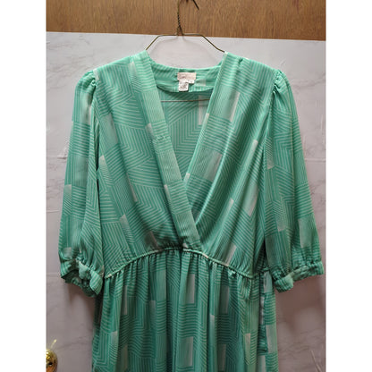 Vintage Townhouse Mint Green V-Neck Day Dress Geometric Print 16 80s Secretary