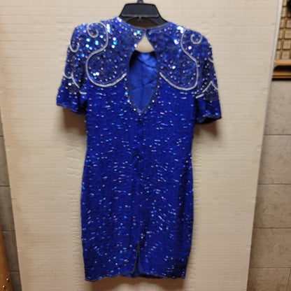 Stenay Vintage 80s Silk Sequin Beaded Knee High 6P Dress Electric Blue Cocktail