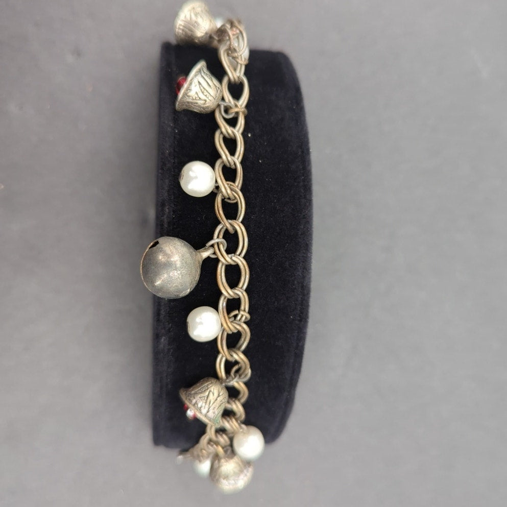 Jingle Celestial Alt-Vintage Mixed Bead & Silver Bell Charm Bracelet Whimsigoth