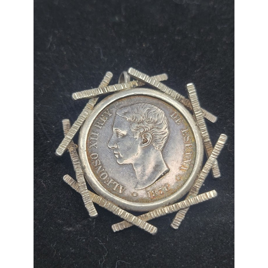 Vintage Spanish 5 Pesetas Brutalist Numismatic coin Pendant Silver Brooch Art