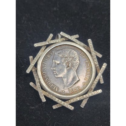 Vintage Spanish 5 Pesetas Brutalist Numismatic coin Pendant Silver Brooch Art