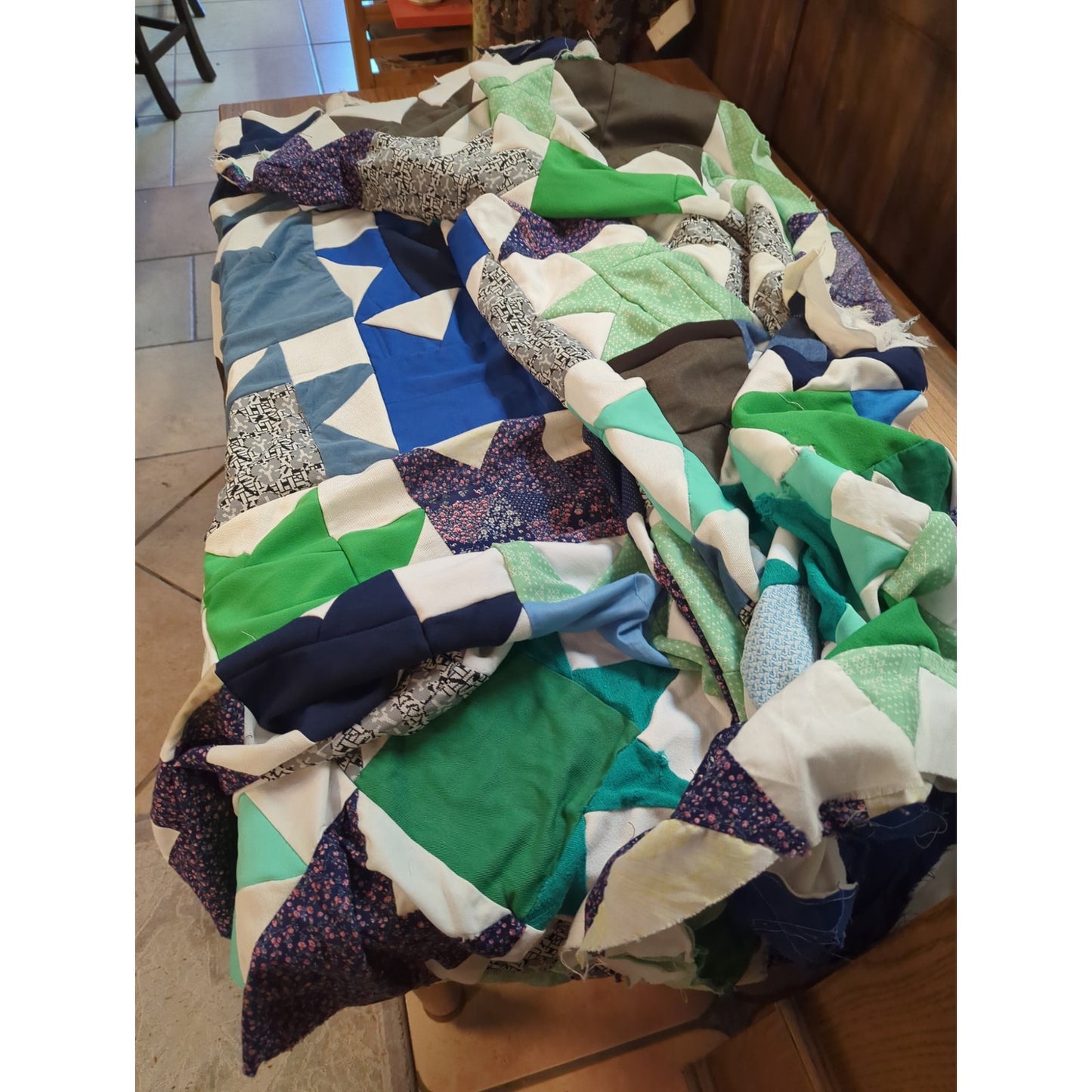 Vintage 70s Mixed Calico Star Patchwork Unfinished Quilt Top - 69" x 86" Project