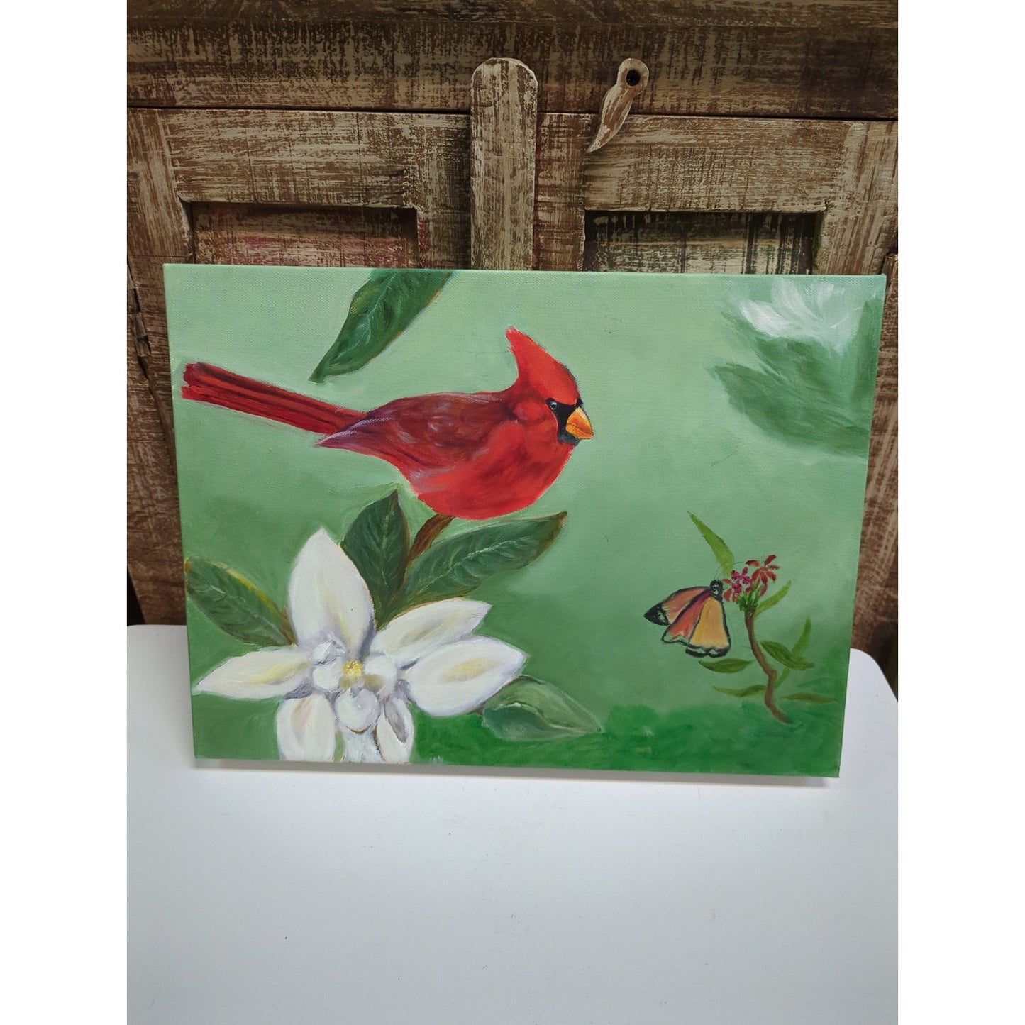 12" x 16" Rustic Cardinal Bird Painting Cottage Farmhouse Nature Canvas Wall Art