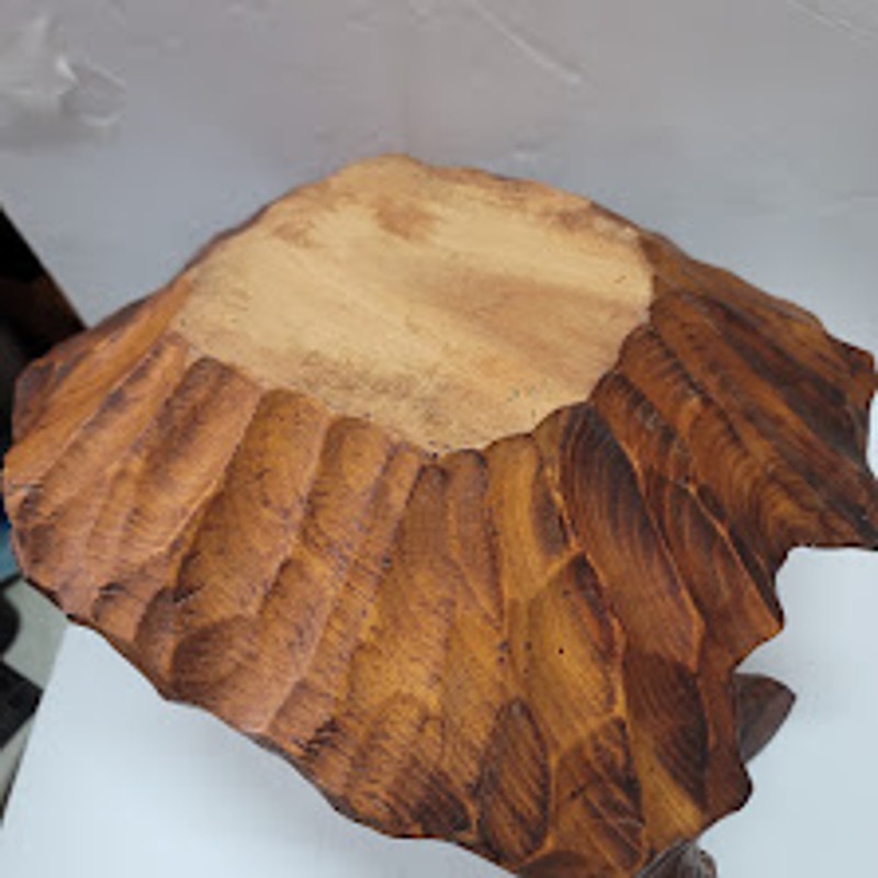 Vintage Hand Carved Burl Wood Rustic Leaf Shaped Basket W/ Handle MCM Brutalist