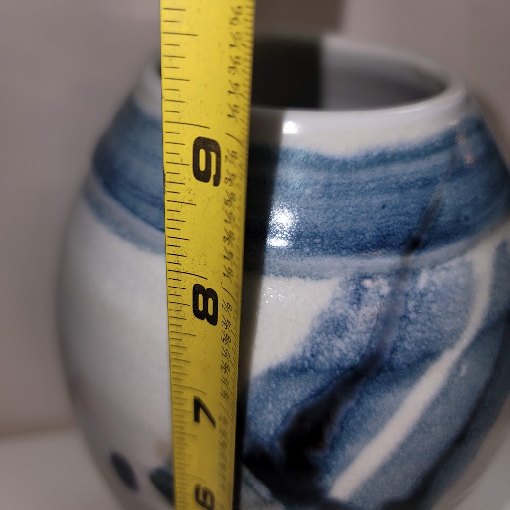 Cobalt Blue White Handmade art pottery vase signed flowers Approximately 9" x 5"