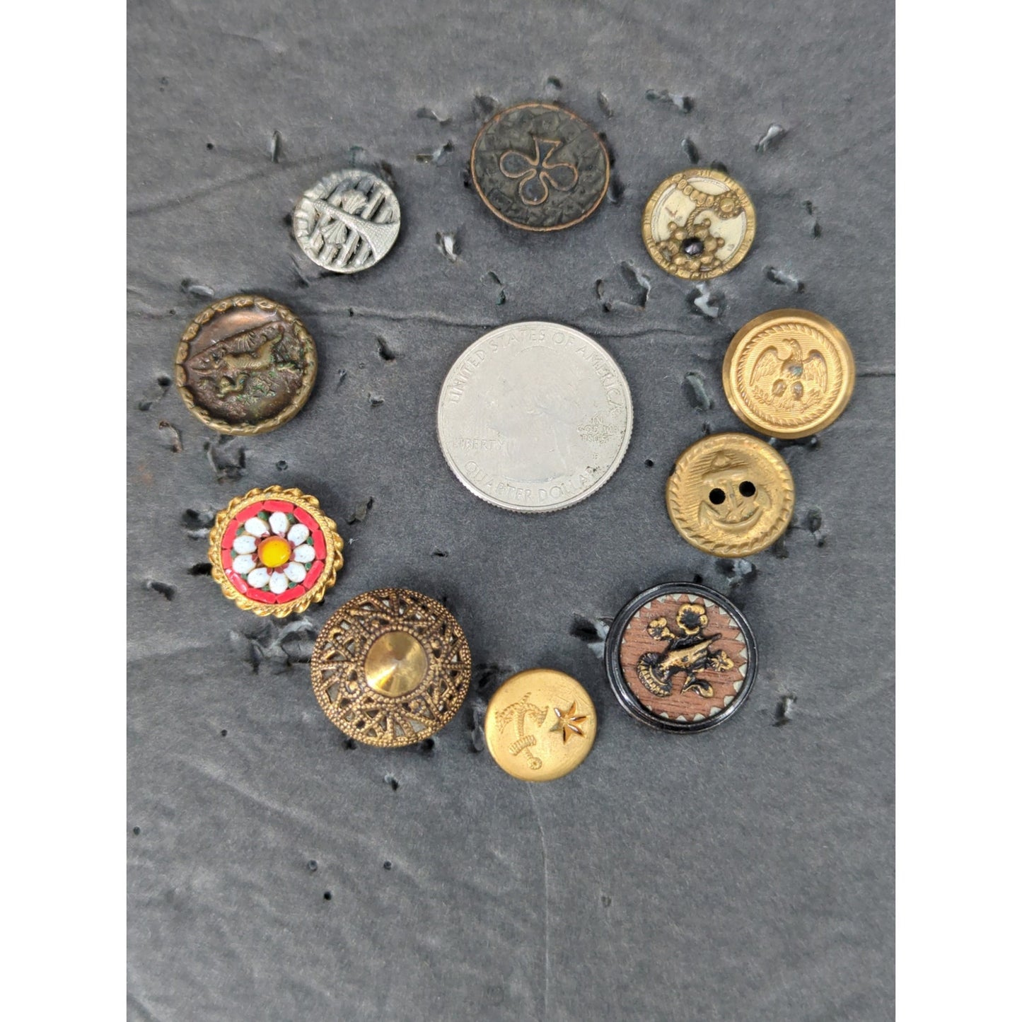 LOT Y of 10 Antique Vintage Victorian Brass Mixed Materials Buttons ESTATE FIND