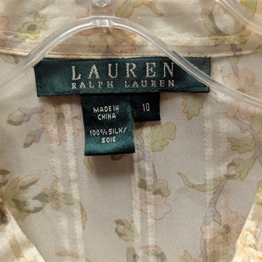 Lauren Ralph Lauren Floral Ruffle Silk Blouse Womens 10 Ivory Sleeveless Shell Top
