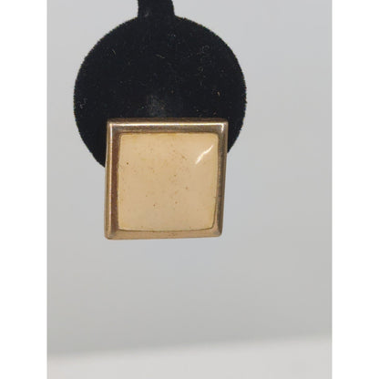 Vintage Gold Tone Square Stud Earrings Cream Enamel Minimalist 1960s