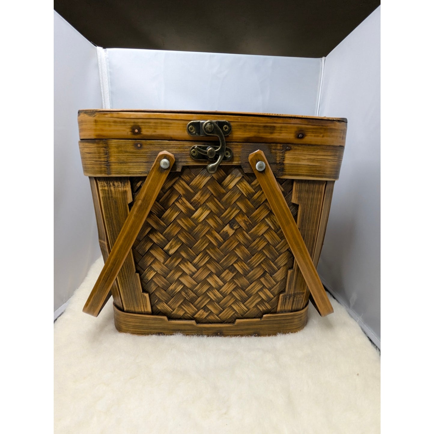 Vintage Bamboo Rattan Box Purse Top Handle Woven Sewing Basket Lunch Pail 70's
