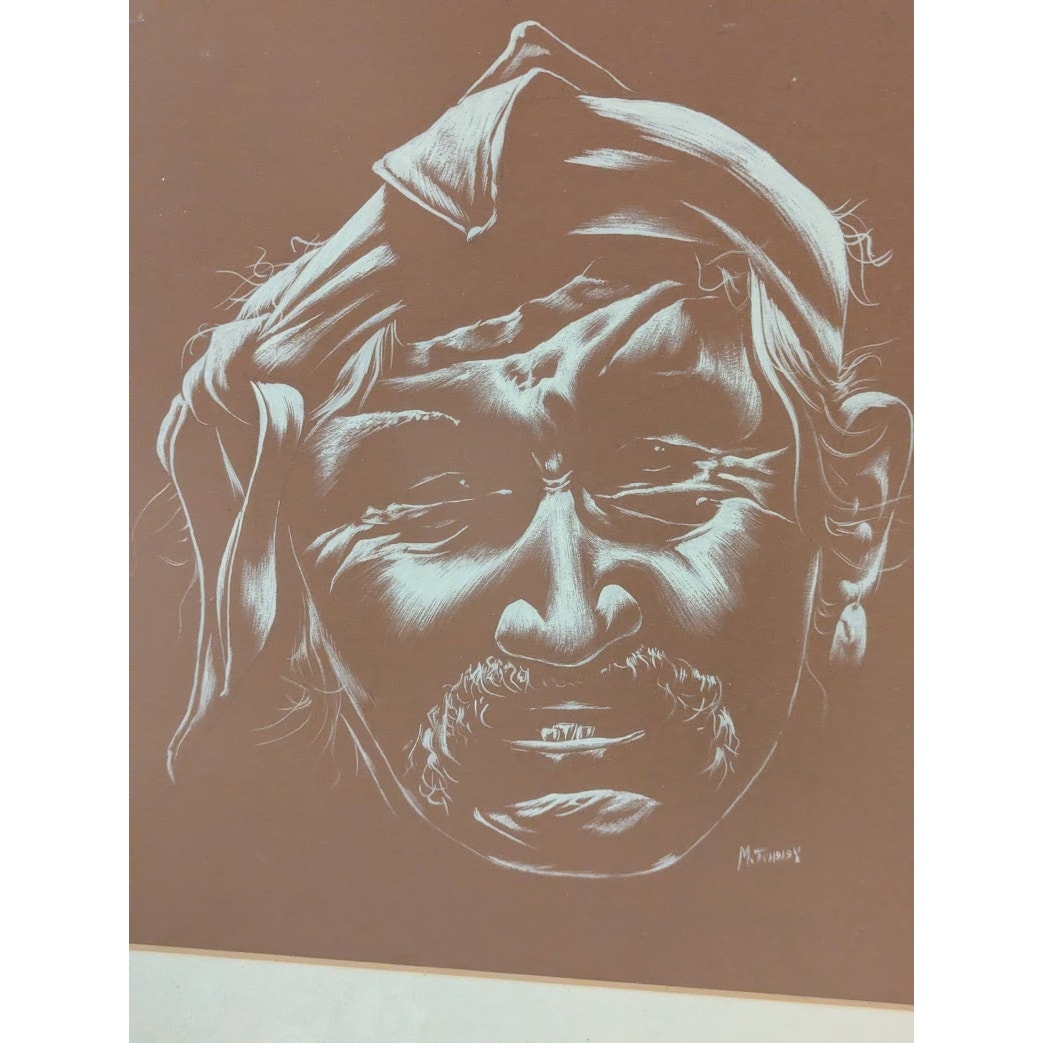 M. Toddy Scratchboard Depiction of  Elderly Navajo Man With Traditional Headwear